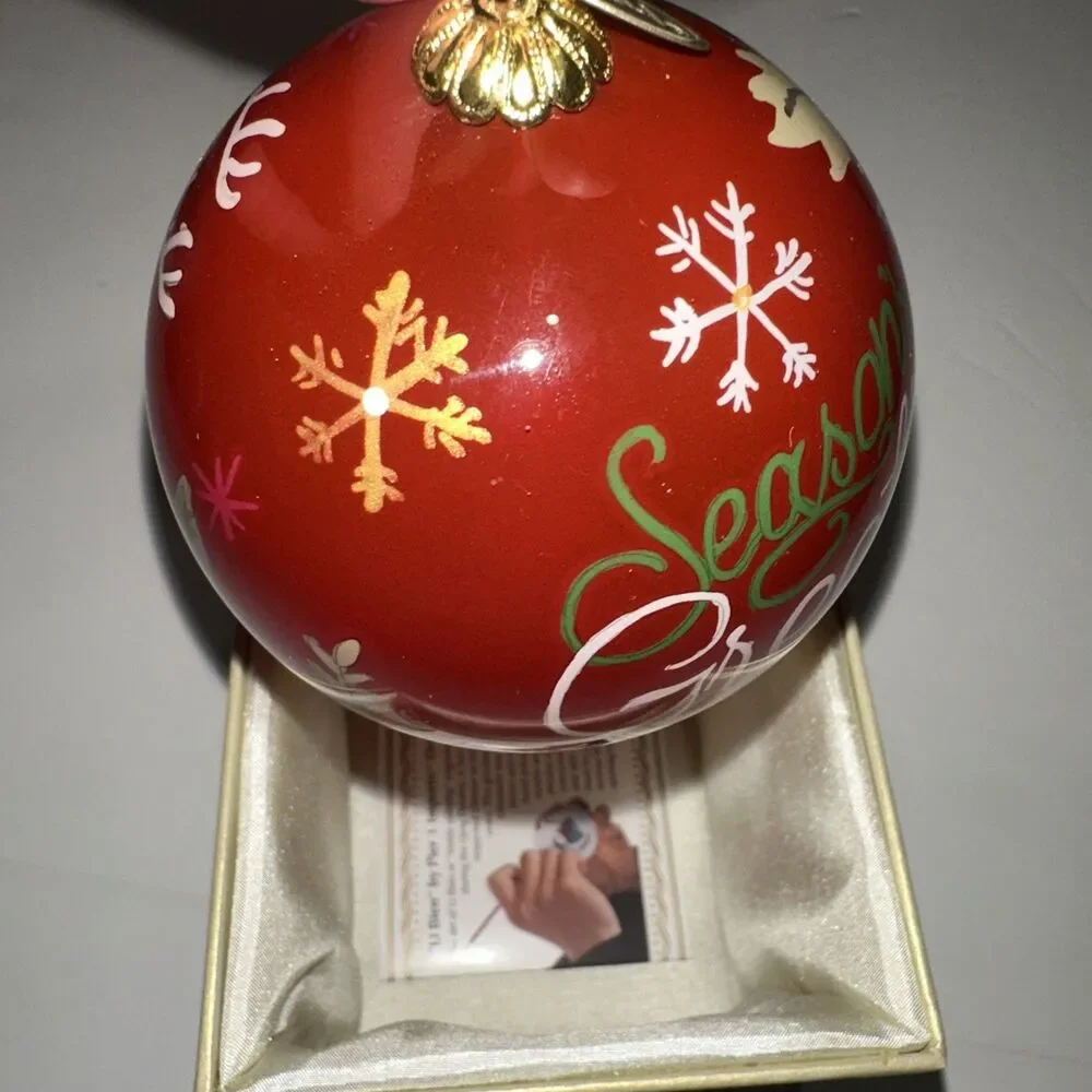 2016 Pier One Li Bien Ornament Seasons Greetings Hand Painted Glass Reindeer